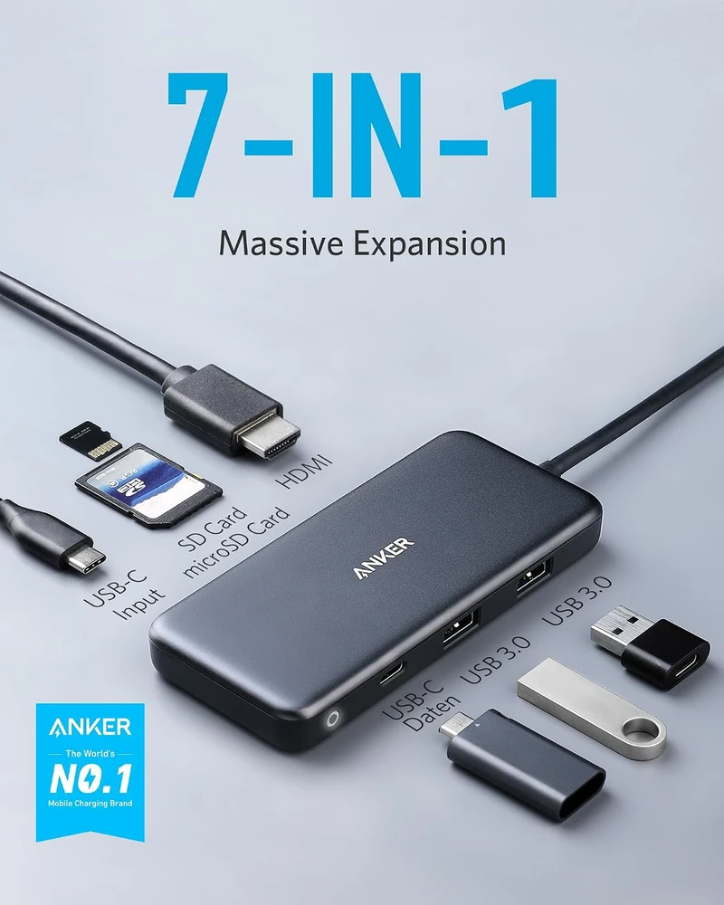 Anker USB-C šakotuvas PowerExpand+ 7 viename su 4K HDMI, 100 W PD ir SD kortelių skaitytuvu A8346