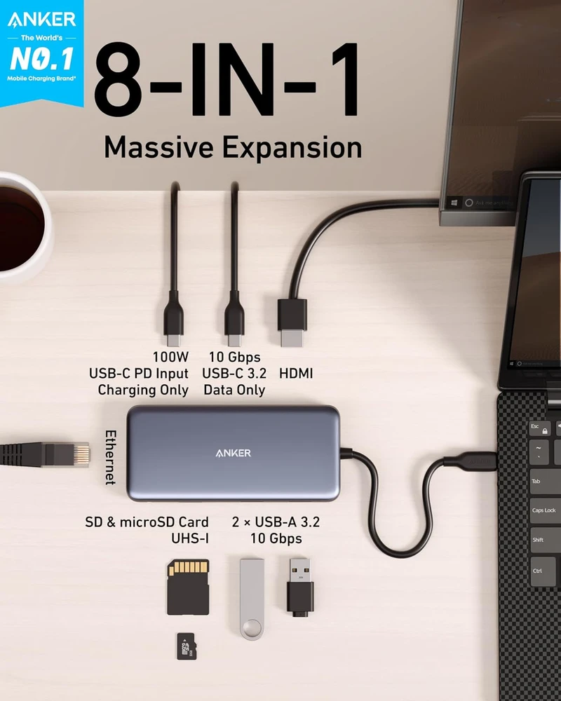 Anker USB-C šakotuvas PowerExpand 8-in-1 su HDMI 4K 60 Hz, 10 Gb/s ir PD 85 W A83830A1