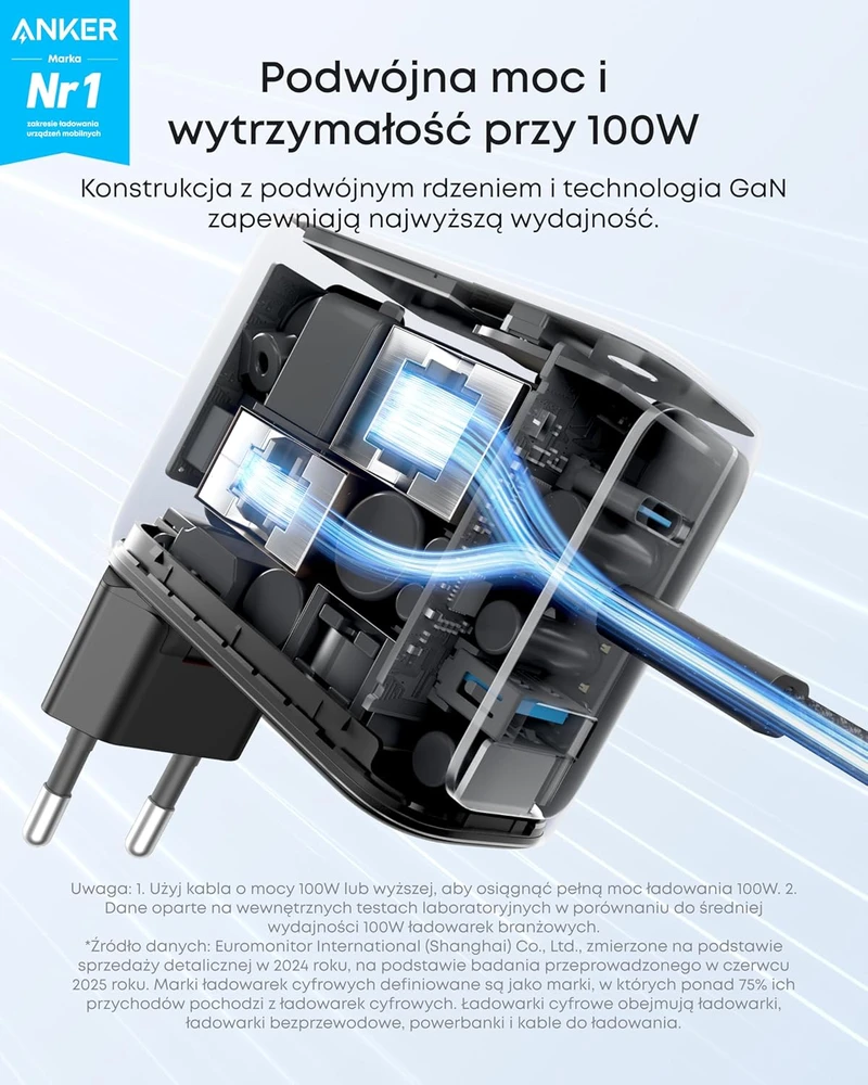 Anker USB-C tinklo įkroviklis 100 W, 3 prievadų, GaN su išmaniuoju ekranu A121B