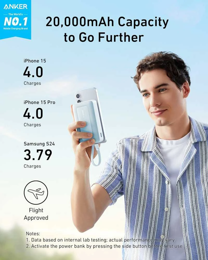 Anker Zolo 20 000 mAh 30 W nešiojamas powerbankas su integruotu USB‑C kabeliu, rožinis