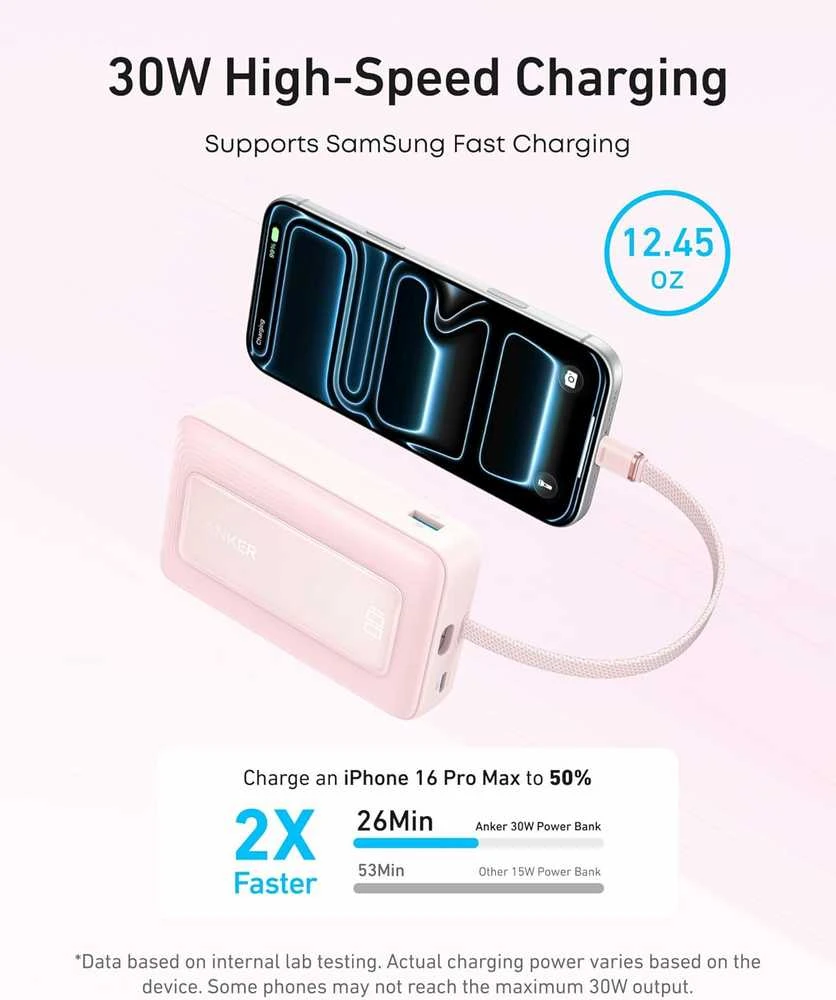 Anker Zolo 20 000 mAh 30 W nešiojamas powerbankas su integruotu USB‑C kabeliu, rožinis