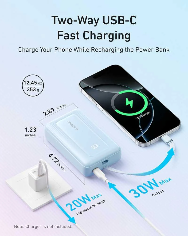 Anker Zolo 20 000 mAh 30 W nešiojamas powerbankas su integruotu USB‑C kabeliu, rožinis