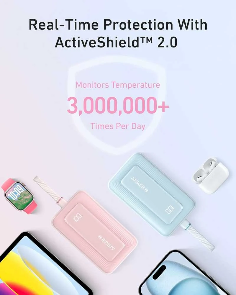 Anker Zolo 20 000 mAh 30 W nešiojamas powerbankas su integruotu USB‑C kabeliu, rožinis