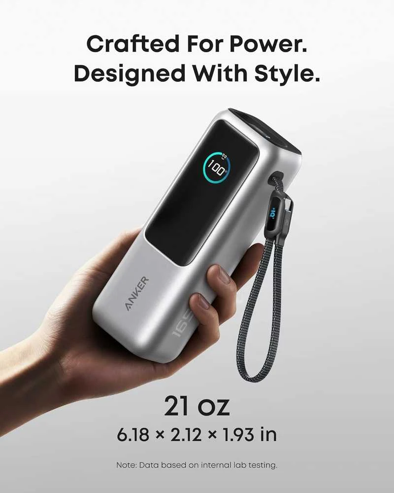 Anker Zolo 25000 mAh 165 W nešiojamas maitinimo blokas su integruotu USB‑C laidu, sidabrinis