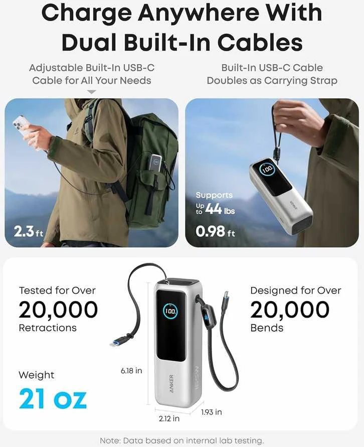 Anker Zolo 25000 mAh 165 W nešiojamas maitinimo blokas su integruotu USB‑C laidu, sidabrinis