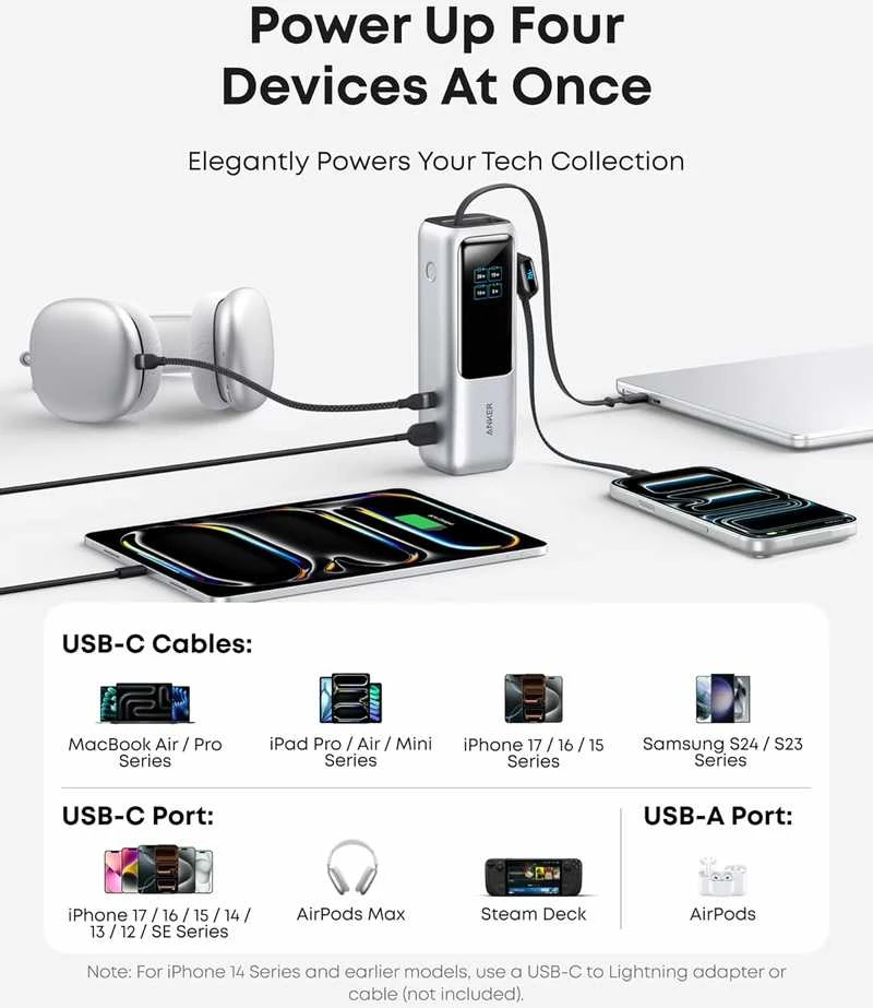 Anker Zolo 25000 mAh 165 W nešiojamas maitinimo blokas su integruotu USB‑C laidu, sidabrinis