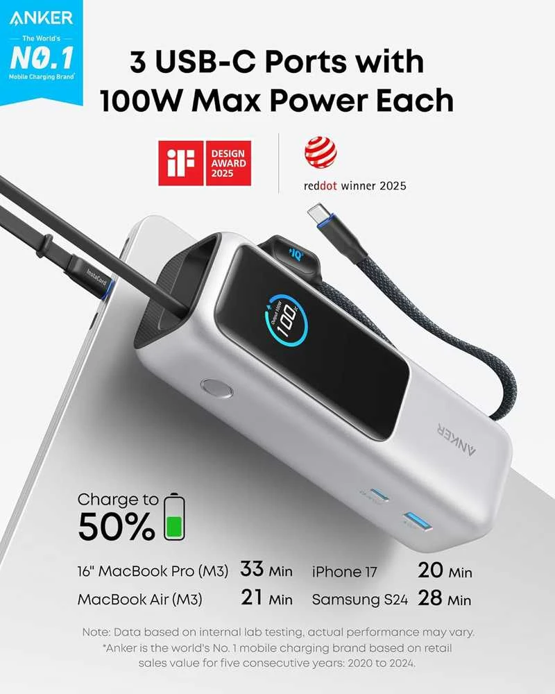 Anker Zolo 25000 mAh 165 W nešiojamas maitinimo blokas su integruotu USB‑C laidu, sidabrinis