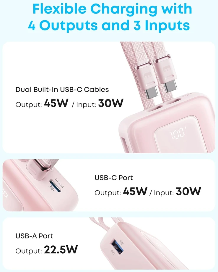 Anker Zolo išorinė baterija 20000 mAh 45 W su 2 integruotais USB-C laidais A110M