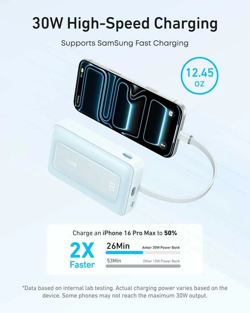 Anker Zolo nešiojamas powerbank 20000 mAh, 30 W, su integruotu USB-C kabeliu, mėlynas