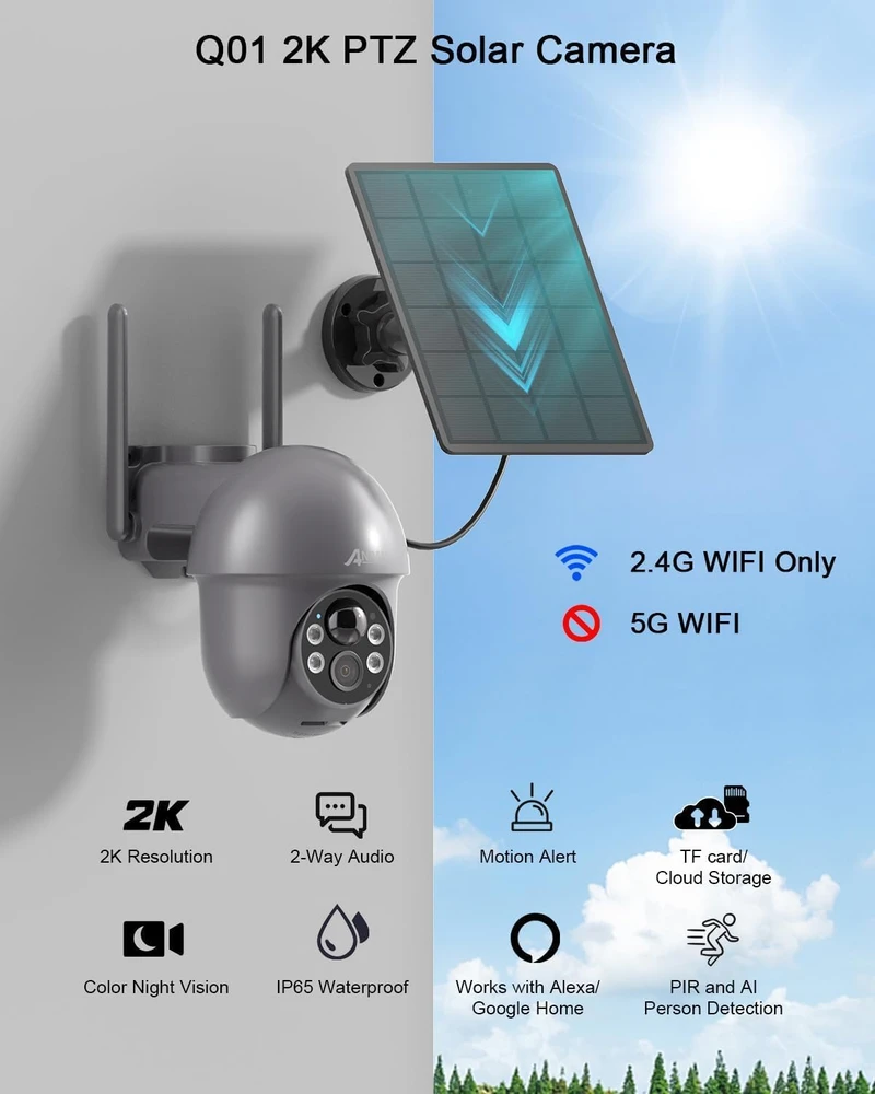 ANRAN lauko Wi-Fi stebėjimo kamera 2K su saulės skydeliu ir 360° PTZ Q01