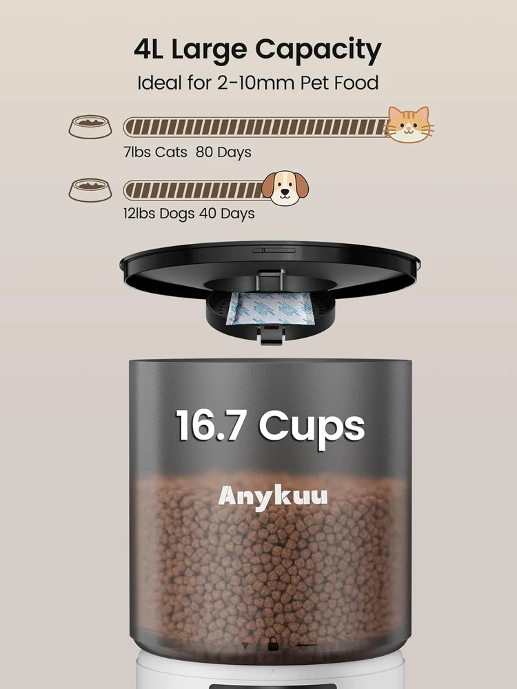 Anykuu automatinis 4 l šėrytuvas katėms ir šunims su LCD ekranu, balta, USB-C, nerūdijančio plieno dubeniu