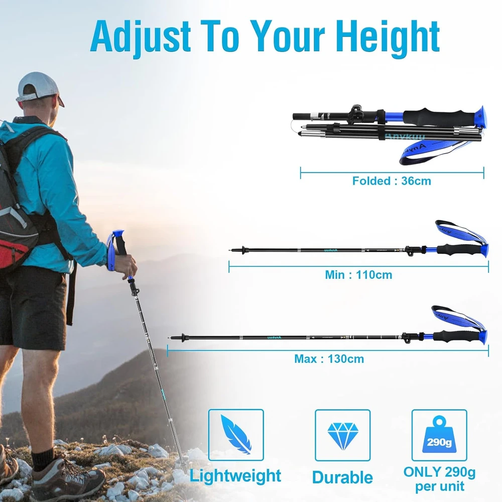 Anykuu sulankstomi aliuminio trekkingo lazdos, reguliuojamos 110-130 cm, su transportavimo dėklu