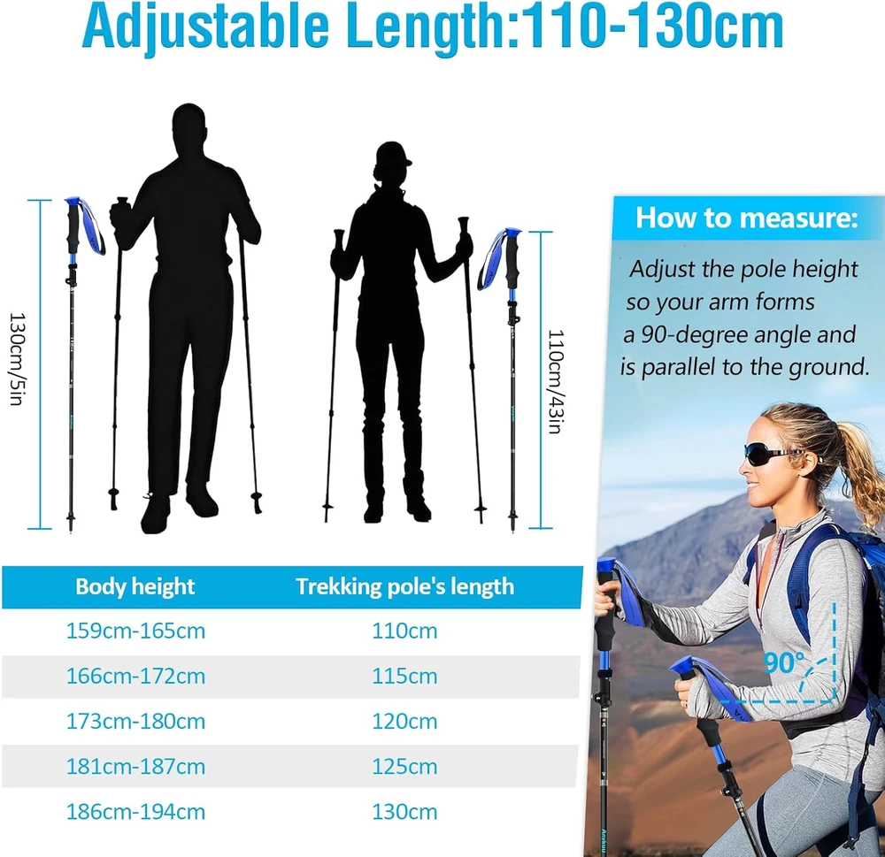Anykuu sulankstomi aliuminio trekkingo lazdos, reguliuojamos 110-130 cm, su transportavimo dėklu