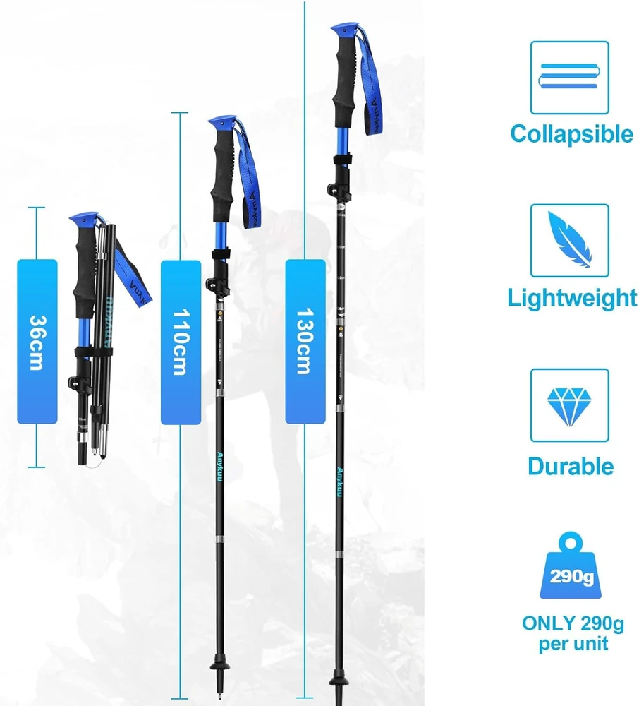 Anykuu teleskopiniai nordic walking ir trekking lazdos, aliumininės 7075, 110–130 cm, su priedais