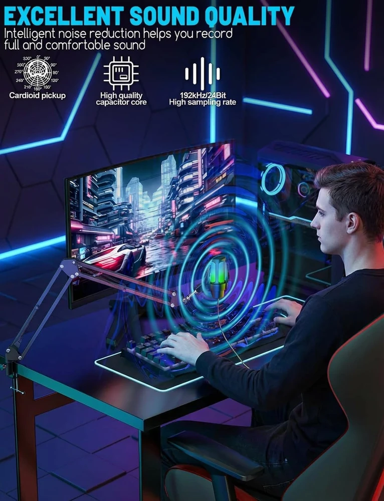 Anykuu USB kondensatorinis mikrofonas su RGB apšvietimu, kardioidė, 192 kHz/24 bit Plug & Play, 3745