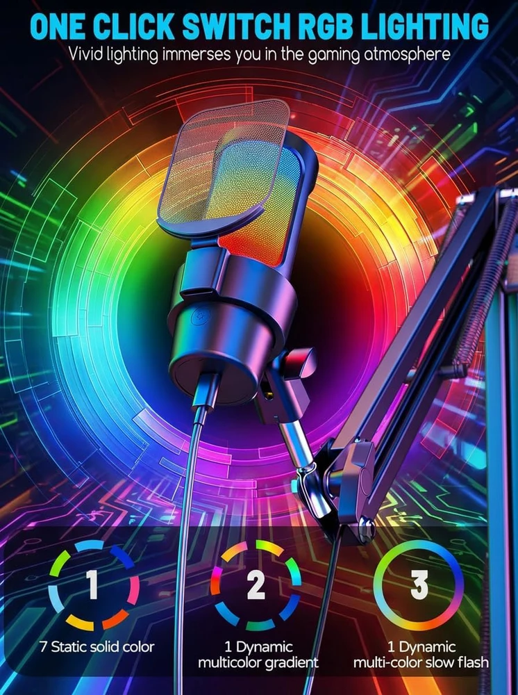 Anykuu USB kondensatorinis mikrofonas su RGB apšvietimu, kardioidė, 192 kHz/24 bit Plug & Play, 3745