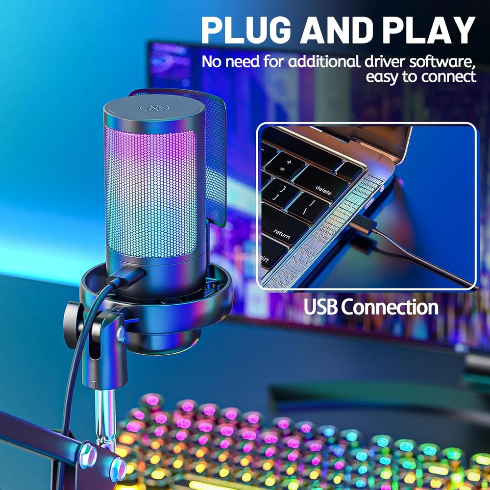 Anykuu USB kondensatorinis mikrofonas su RGB apšvietimu, kardioidiniu kryptingumu, 24 bitų / 192 kHz, ME6S