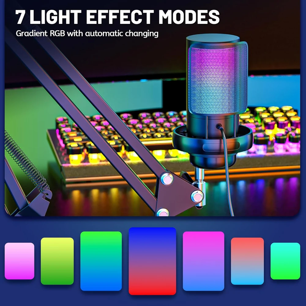Anykuu USB kondensatorinis mikrofonas su RGB apšvietimu, kardioidiniu kryptingumu, 24 bitų / 192 kHz, ME6S