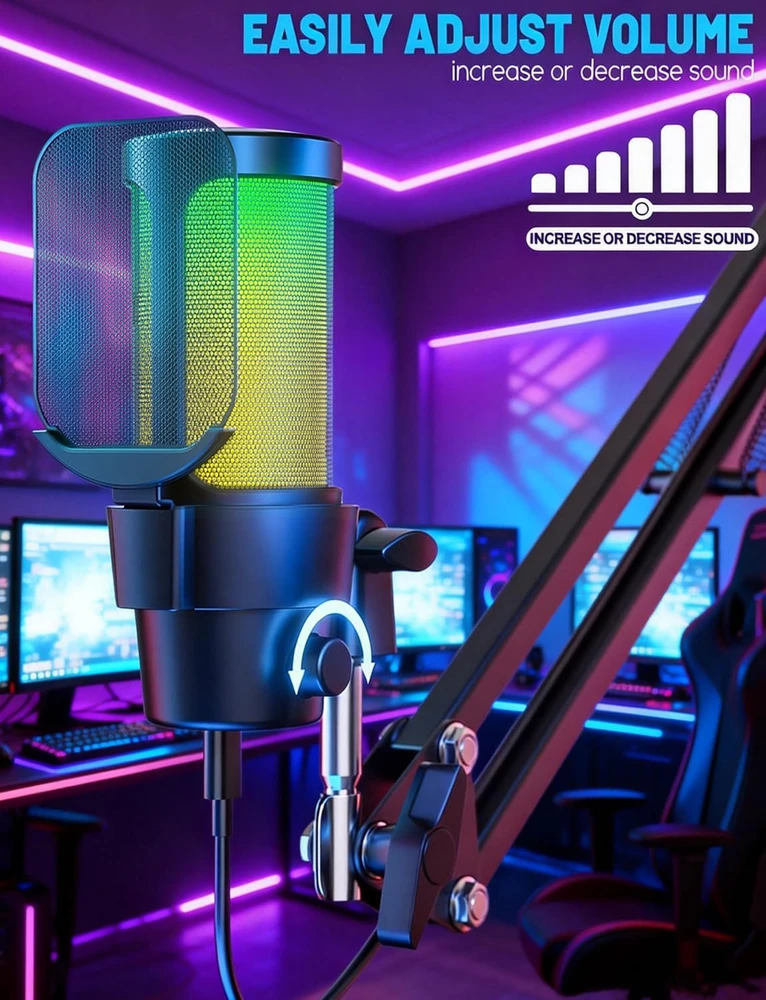 Anykuu USB kondensatorinis mikrofonas su RGB apšvietimu, kardioidė, 192 kHz/24 bit Plug & Play, 3745