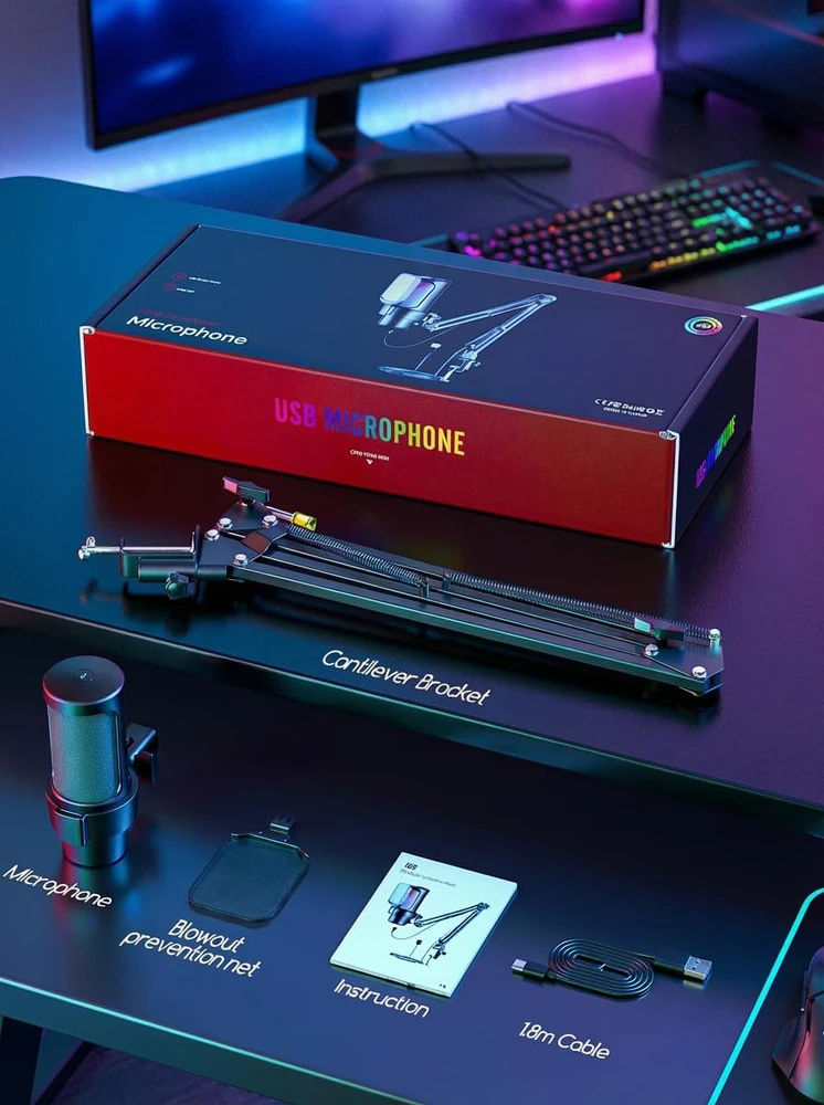 Anykuu USB kondensatorinis mikrofonas su RGB apšvietimu, kardioidė, 192 kHz/24 bit Plug & Play, 3745