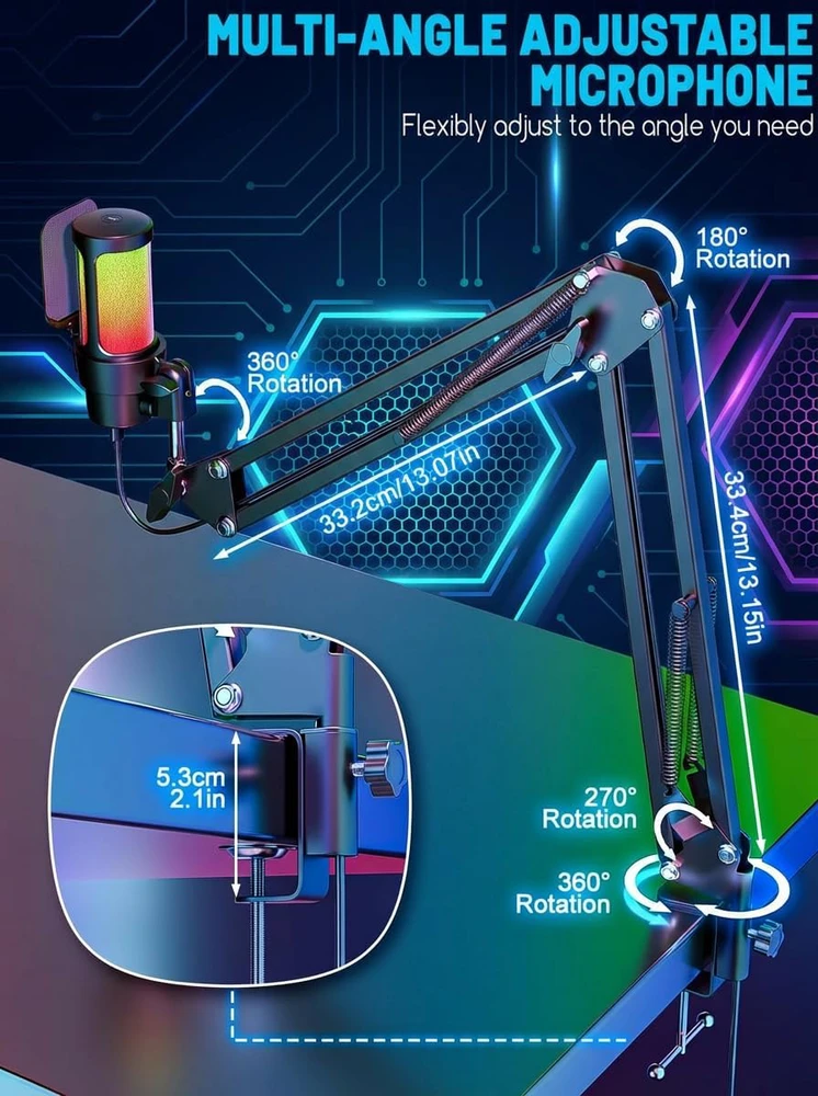 Anykuu USB kondensatorinis mikrofonas su RGB apšvietimu, kardioidė, 192 kHz/24 bit Plug & Play, 3745