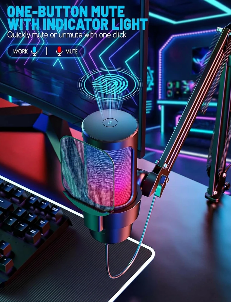 Anykuu USB kondensatorinis mikrofonas su RGB apšvietimu, kardioidė, 192 kHz/24 bit Plug & Play, 3745