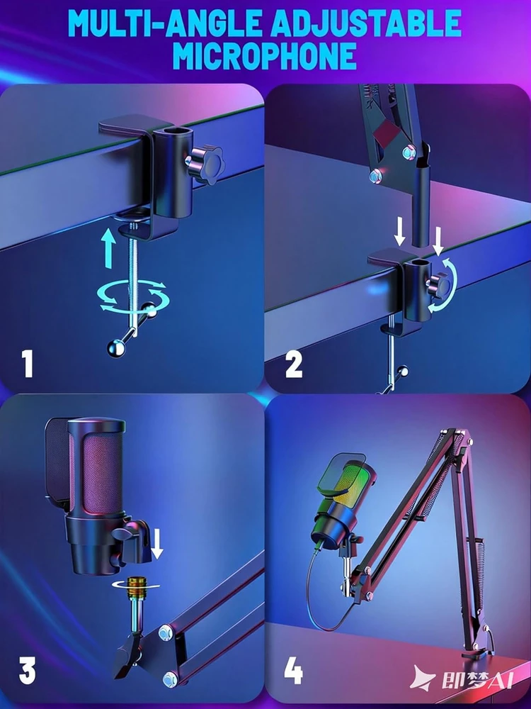 Anykuu USB kondensatorinis mikrofonas su RGB apšvietimu, kardioidė, 192 kHz/24 bit Plug & Play, 3745