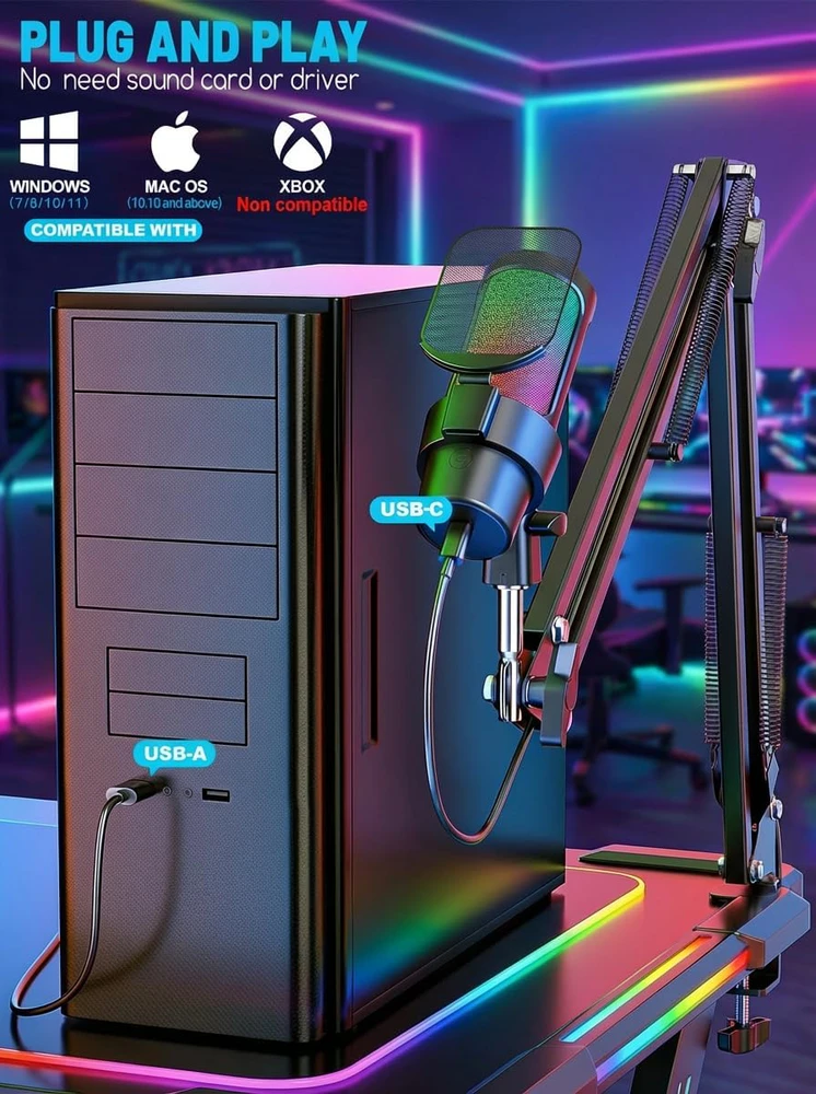 Anykuu USB kondensatorinis mikrofonas su RGB apšvietimu, kardioidė, 192 kHz/24 bit Plug & Play, 3745