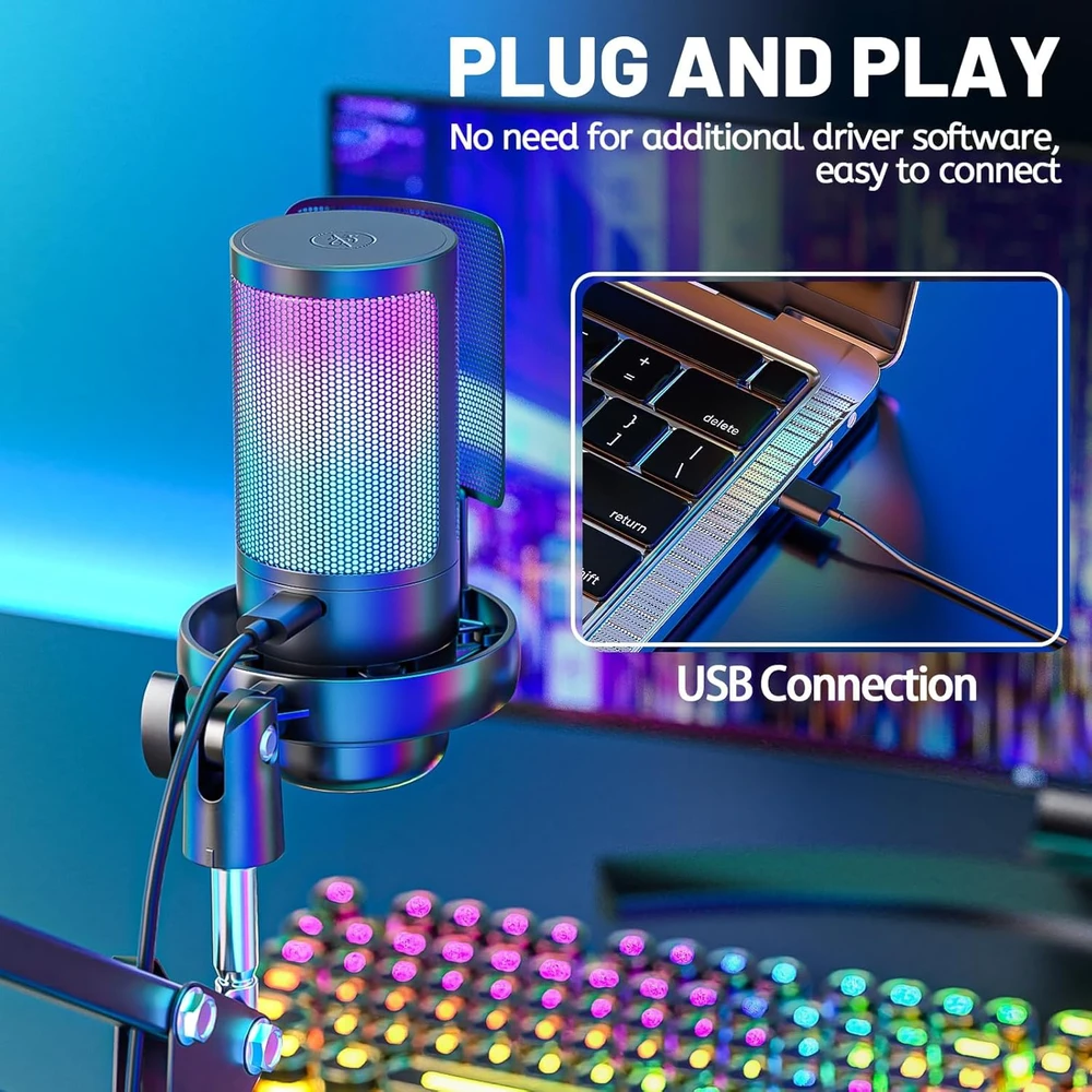 Anykuu USB kondensatorinis mikrofonas žaidimams, streamams ir podcastams su RGB, 1.5 m USB-C laidu, modelis 3730