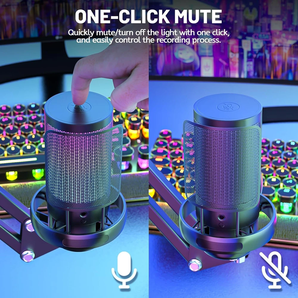 Anykuu USB kondensatorinis mikrofonas žaidimams, streamams ir podcastams su RGB, 1.5 m USB-C laidu, modelis 3730