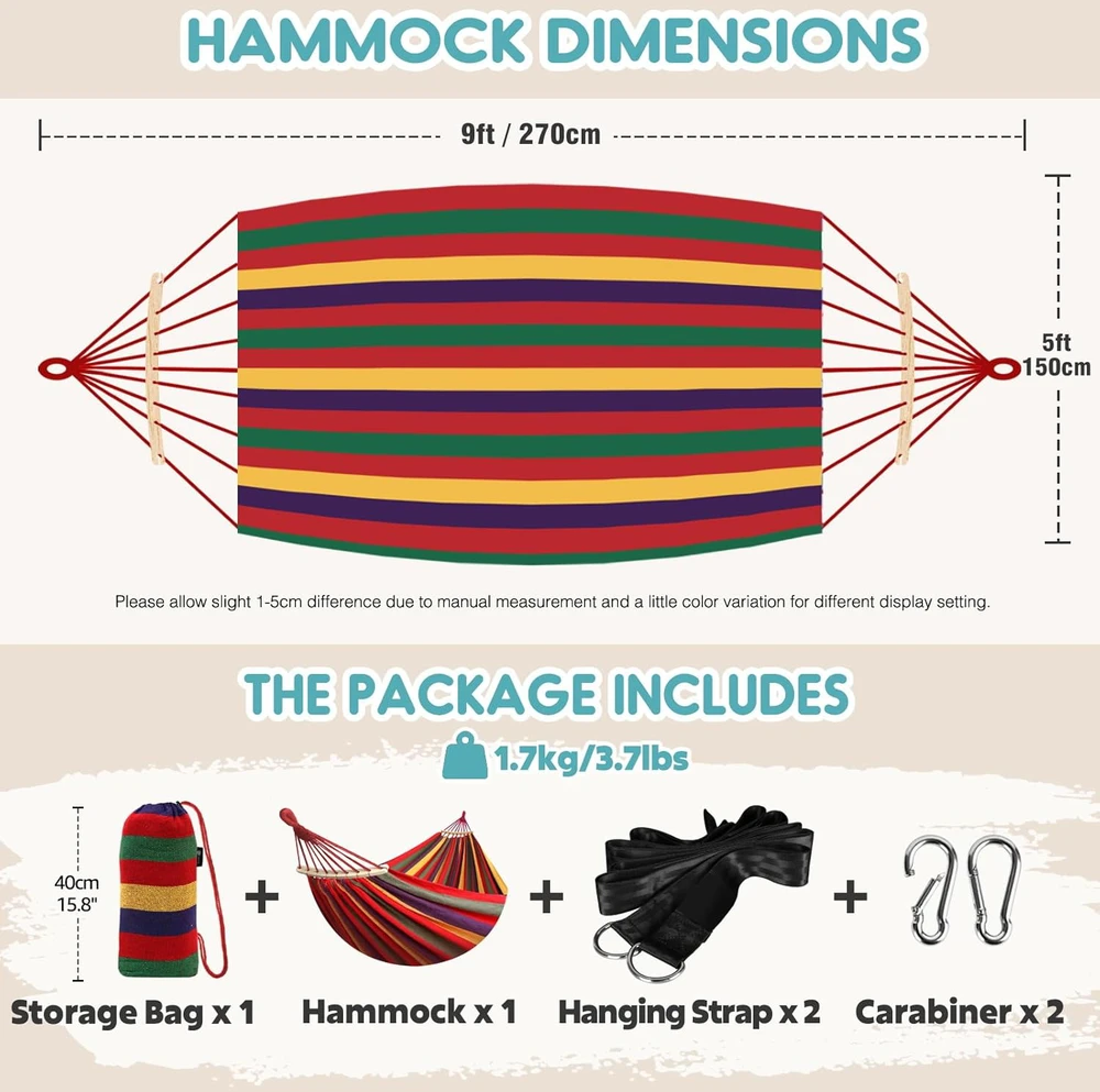 Anyoo lauko hamakas su skersiniu strypu, 210 x 150 cm, 200 kg, raudonas, AY-Stripes-Hammock-red-40