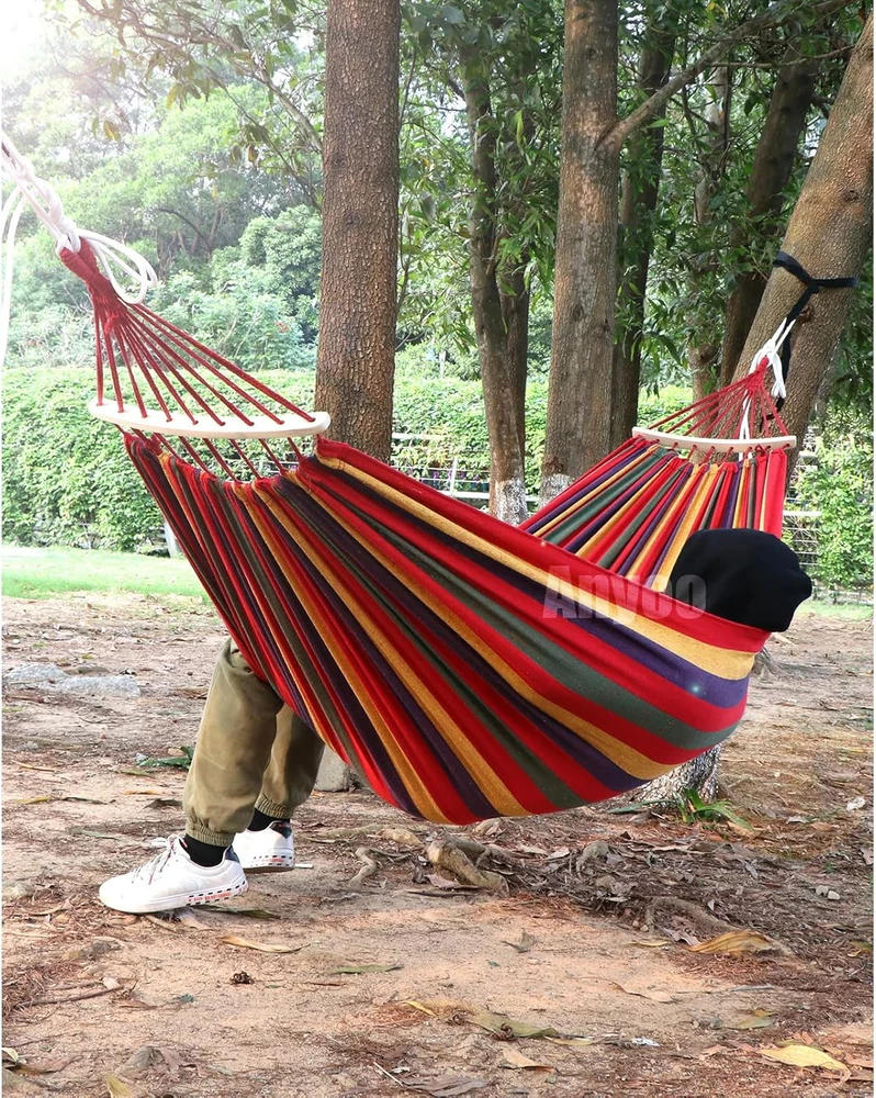 Anyoo lauko hamakas su skersiniu strypu, 210 x 150 cm, 200 kg, raudonas, AY-Stripes-Hammock-red-40