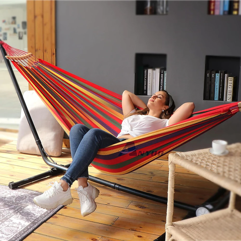 Anyoo lauko hamakas su skersiniu strypu, 210 x 150 cm, 200 kg, raudonas, AY-Stripes-Hammock-red-40