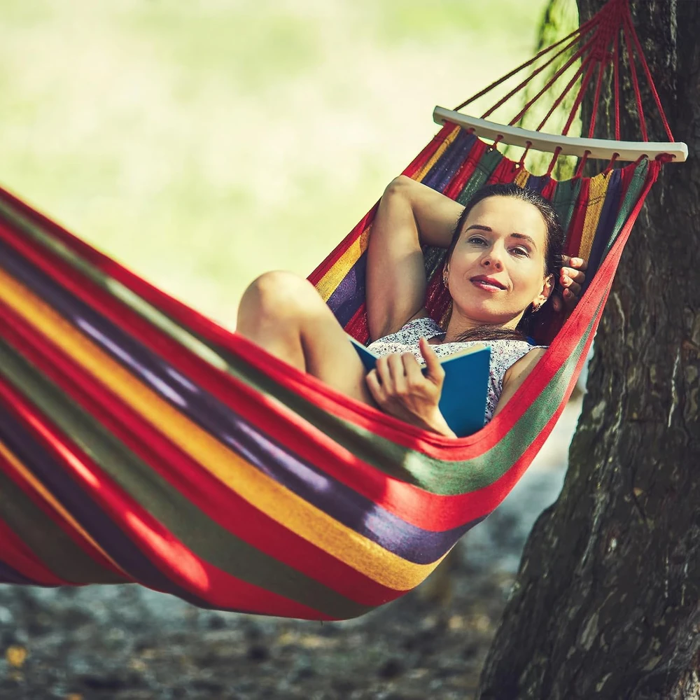 Anyoo lauko hamakas su skersiniu strypu, 210 x 150 cm, 200 kg, raudonas, AY-Stripes-Hammock-red-40