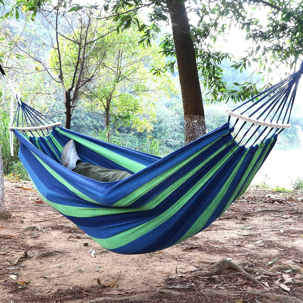Anyoo lauko medvilninis hamakas su tvirtinimo diržais, 270 x 152 cm, 200 kg, žalias, AY-Stripe-Hammock-žalias-40