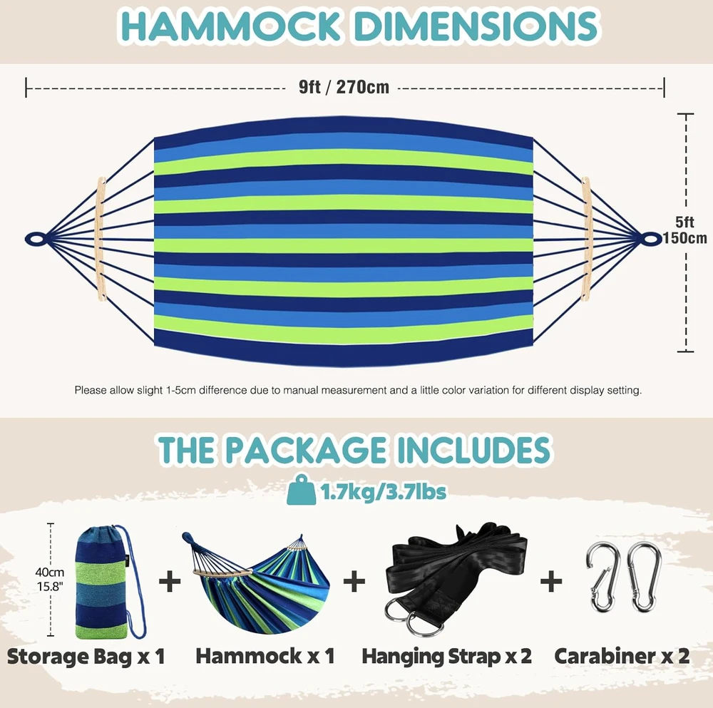 Anyoo lauko medvilninis hamakas su tvirtinimo diržais, 270 x 152 cm, 200 kg, žalias, AY-Stripe-Hammock-žalias-40