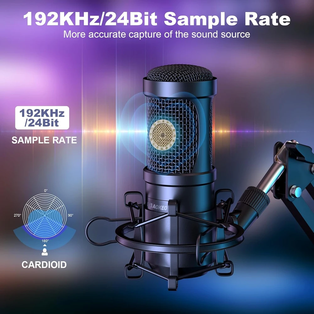 Aokeo USB kondensatorinis mikrofonas su stalo laikikliu, 192 kHz/24-bit, kardioidinis, AK-60