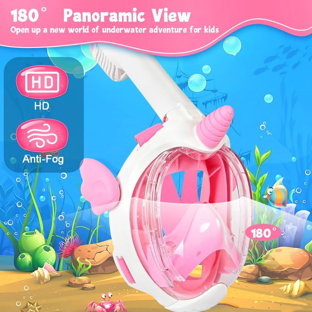 AOOSA vaikų pilno veido nardymo kaukė su kvėpavimo vamzdeliu, silikonas, panoraminis 180° vaizdas, rožinė