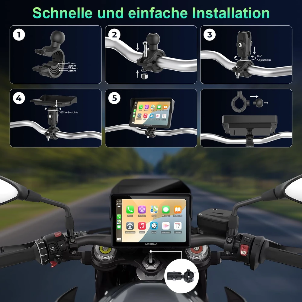 aphqua belaidis CarPlay ir Android Auto motociklams, 5 colių lietimui jautrus vandeniui ekranas A522