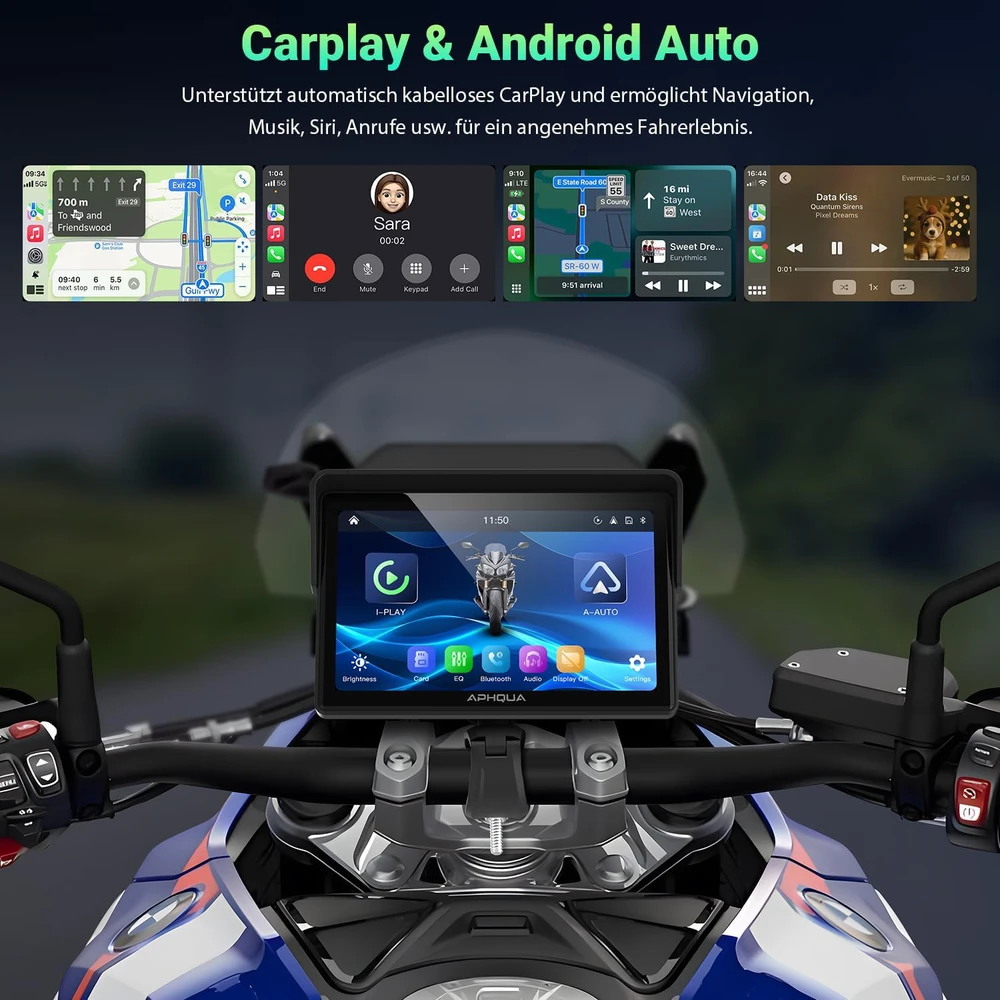 aphqua belaidis CarPlay ir Android Auto motociklams, 5 colių lietimui jautrus vandeniui ekranas A522