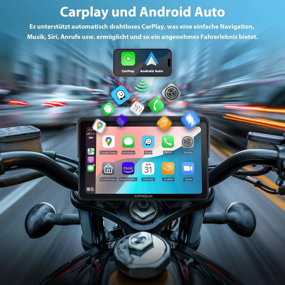 Aphqua belaidis motociklo ekranas CarPlay, 7 colių vandeniui atsparus jutiklinis, Bluetooth, GPS, modelis 722