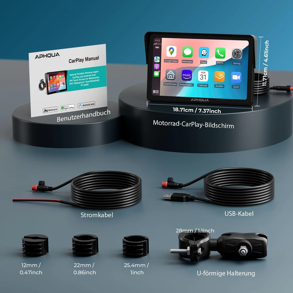 Aphqua belaidis motociklo ekranas CarPlay, 7 colių vandeniui atsparus jutiklinis, Bluetooth, GPS, modelis 722