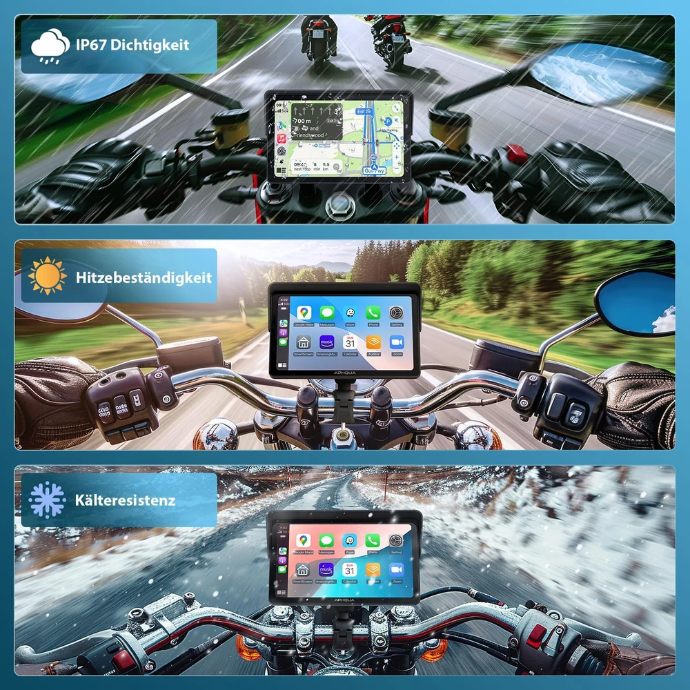 Aphqua belaidis motociklo ekranas CarPlay, 7 colių vandeniui atsparus jutiklinis, Bluetooth, GPS, modelis 722