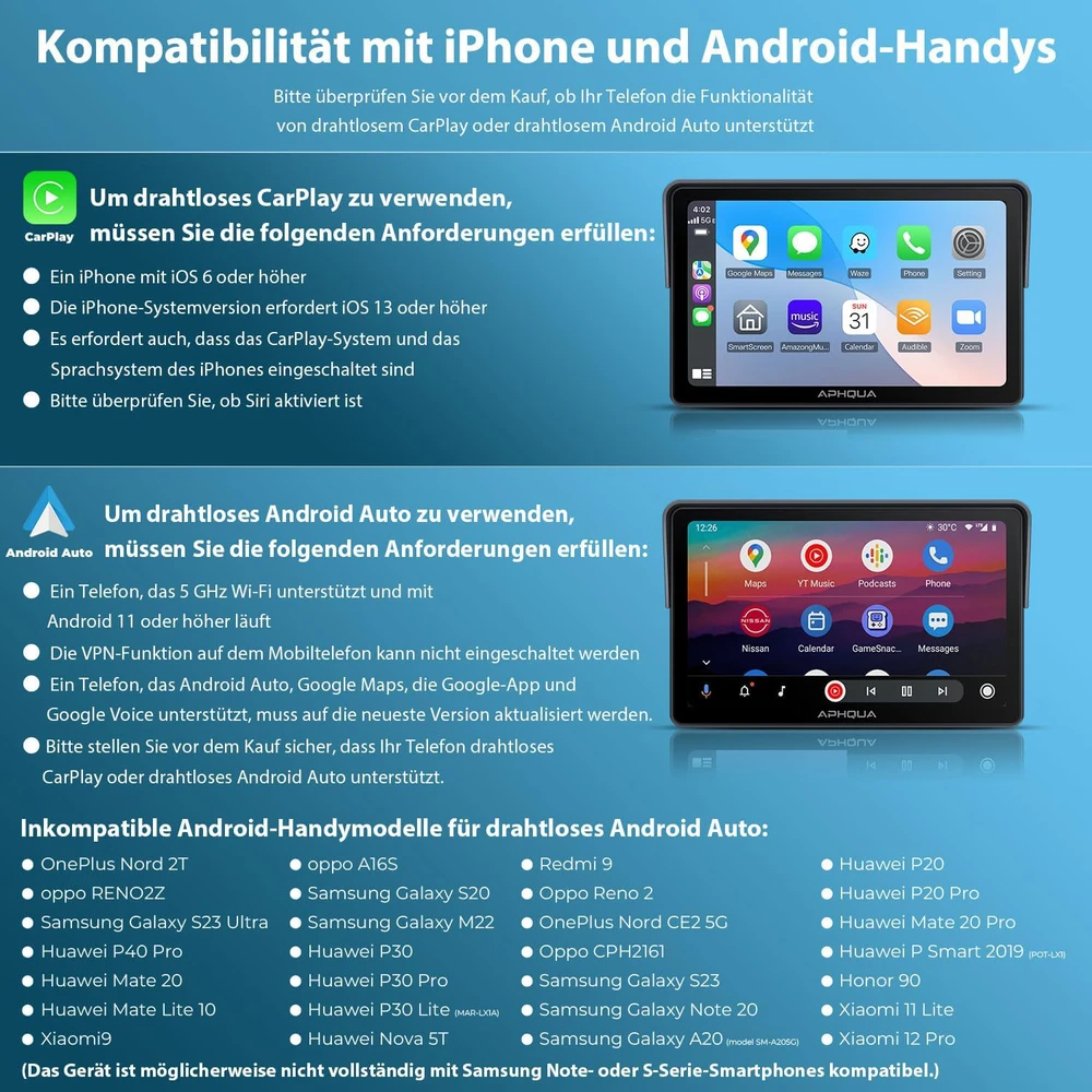 Aphqua belaidis motociklo ekranas CarPlay, 7 colių vandeniui atsparus jutiklinis, Bluetooth, GPS, modelis 722
