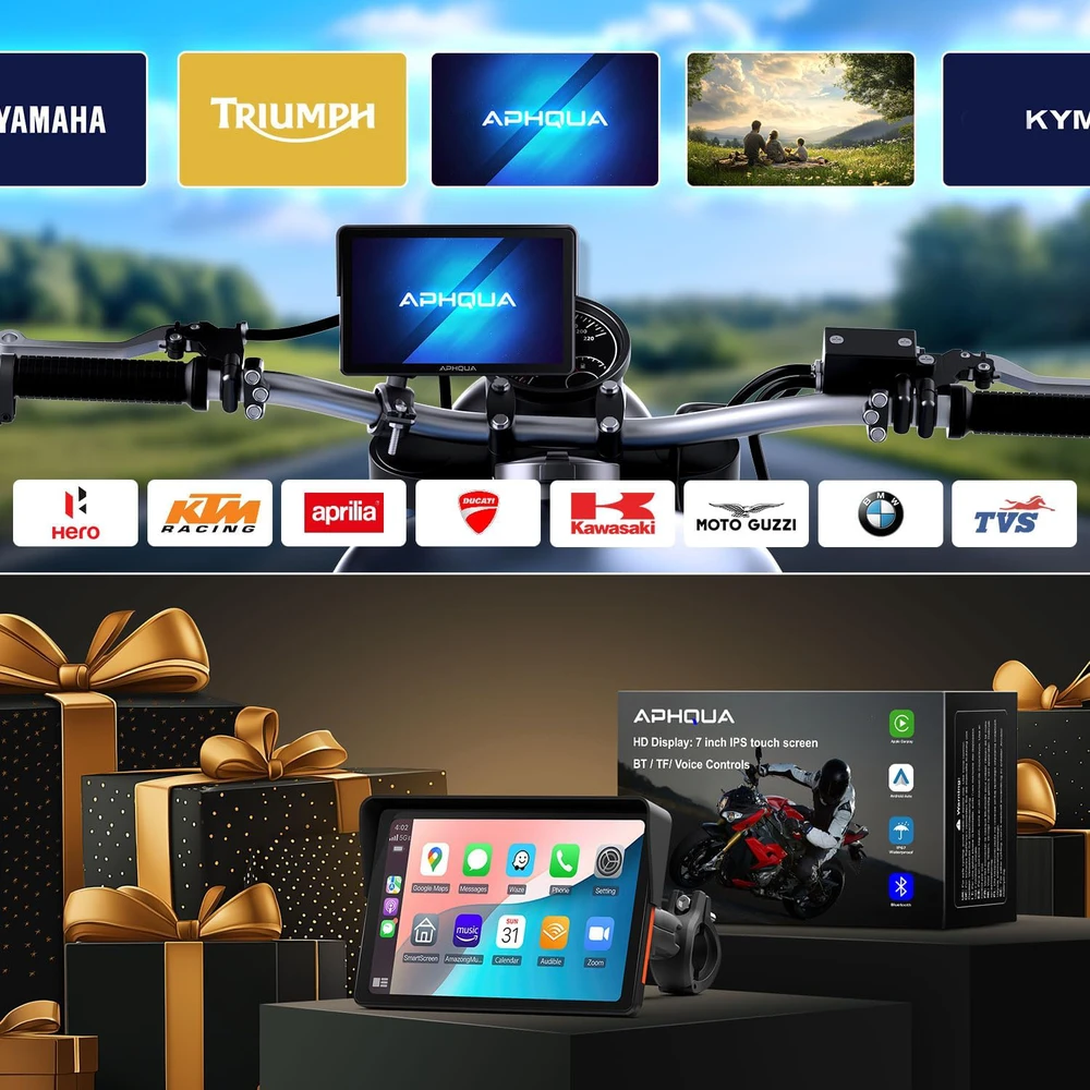 Aphqua belaidis motociklo ekranas CarPlay, 7 colių vandeniui atsparus jutiklinis, Bluetooth, GPS, modelis 722