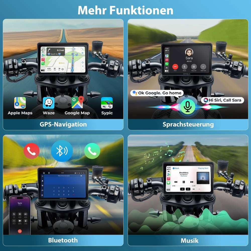 Aphqua belaidis motociklo ekranas CarPlay, 7 colių vandeniui atsparus jutiklinis, Bluetooth, GPS, modelis 722