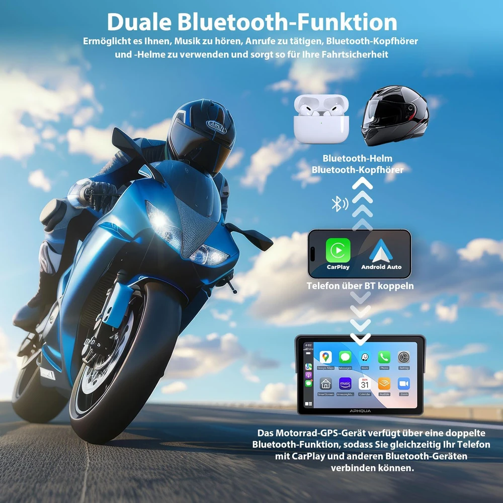 Aphqua belaidis motociklo ekranas CarPlay, 7 colių vandeniui atsparus jutiklinis, Bluetooth, GPS, modelis 722