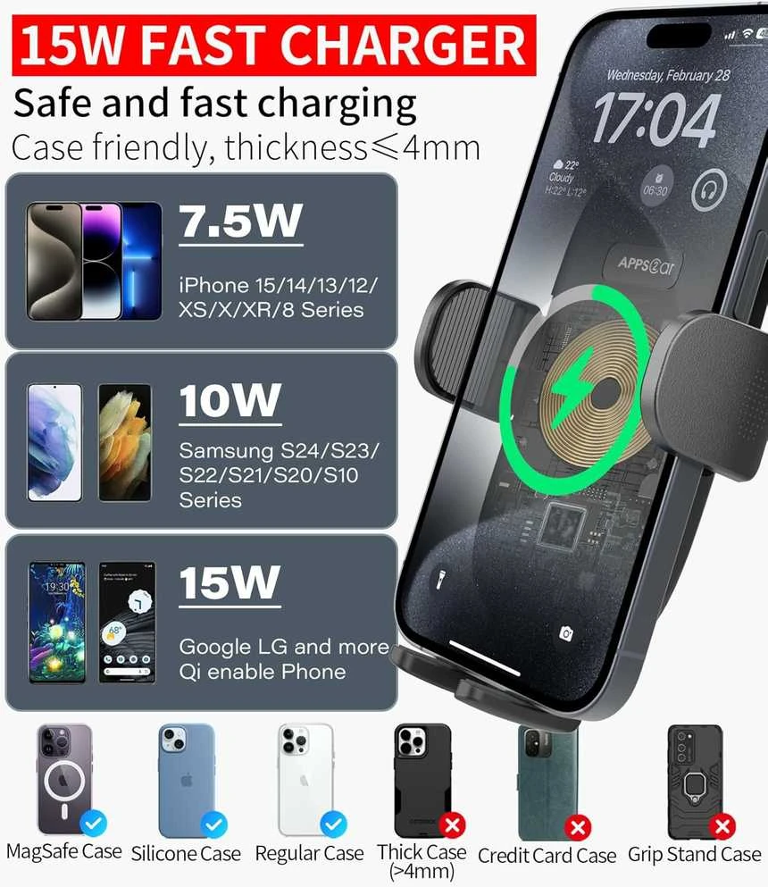 APPS2Car automobilinis telefono laikiklis puodelių laikiklyje su 15 W belaidžiu įkrovimu H9-C04