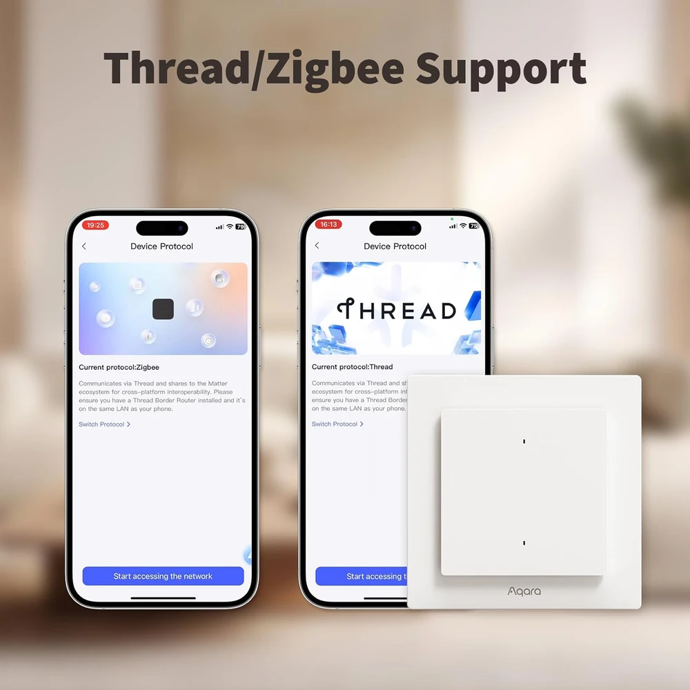 Aqara išmanusis šviesos jungiklis Thread/Zigbee, 2 mygtukų, neutralus, 1 kanalas, WS-K07E