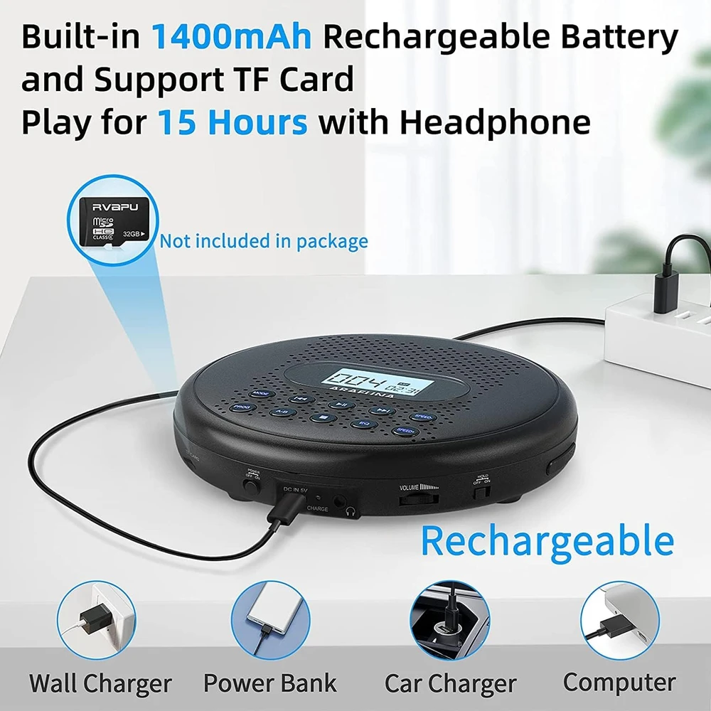 Arafuna nešiojamasis CD grotuvas su stereo garsiakalbiais ir 1400 mAh baterija CD5189B-04